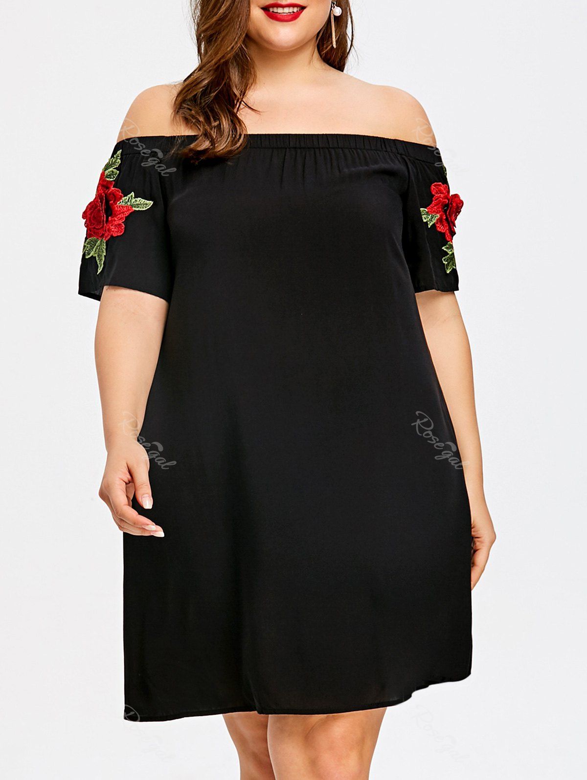 

Plus Size Embroidered Off The Shoulder Trapeze Dress, Black