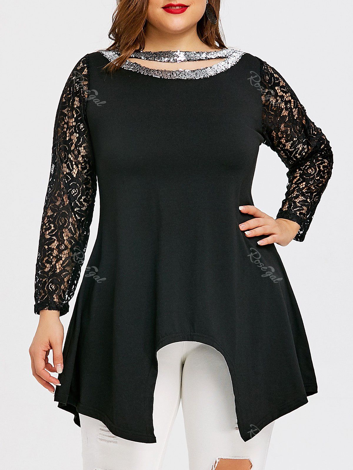 

Plus Size Cutout Sequin Asymmetric T-shirt, Black