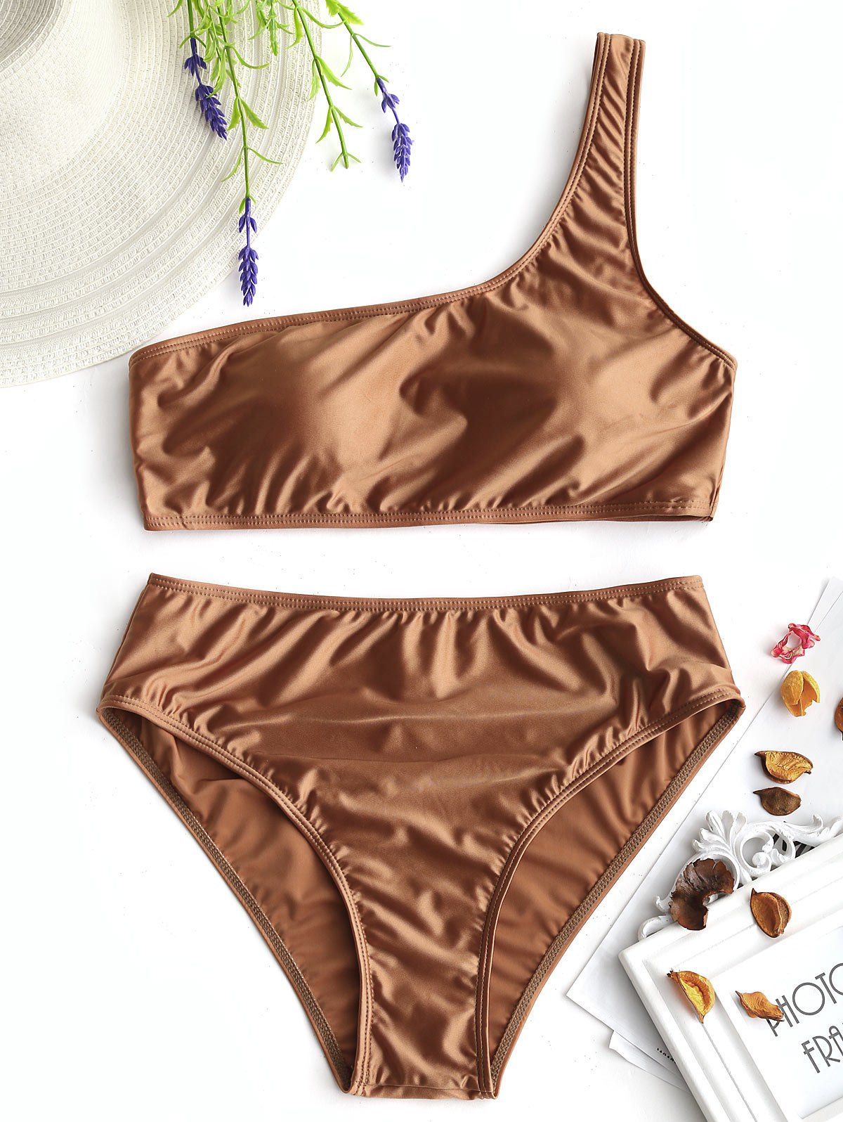 

Shiny One Shoulder Bathing Suit, Brown