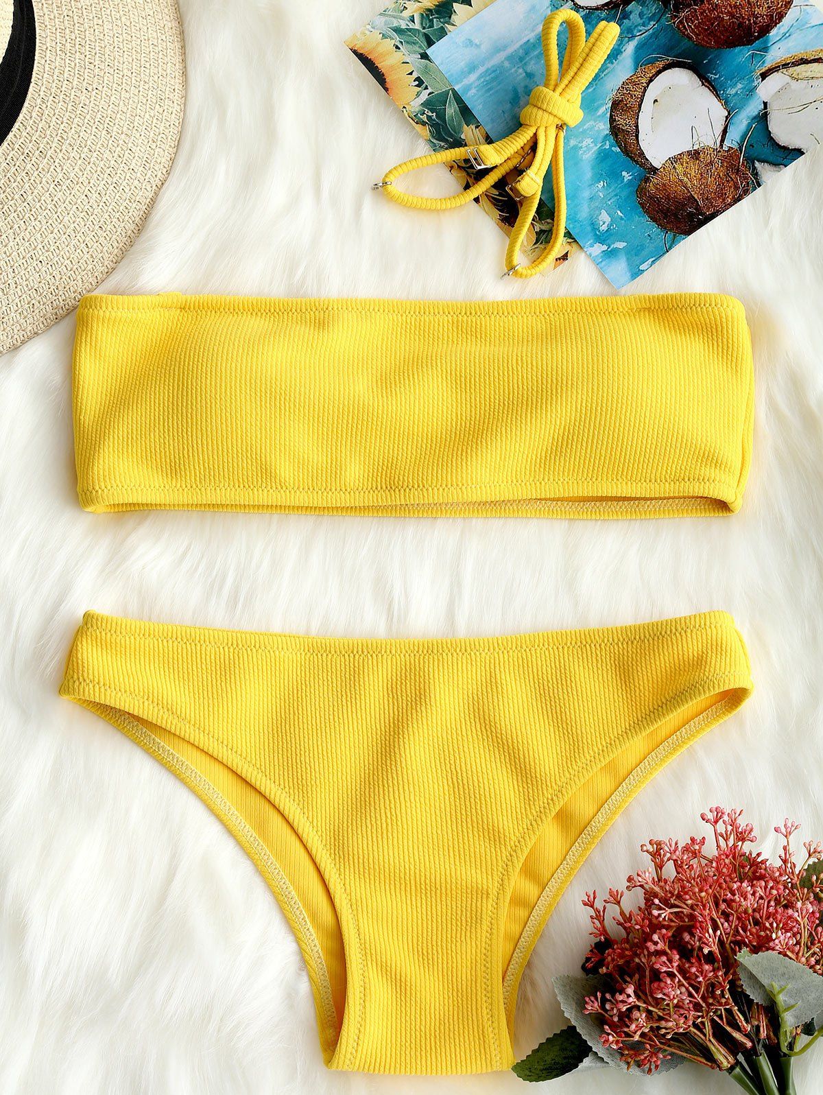 

Low Waist Ribbed Bandeau Bikini Set, Yellow
