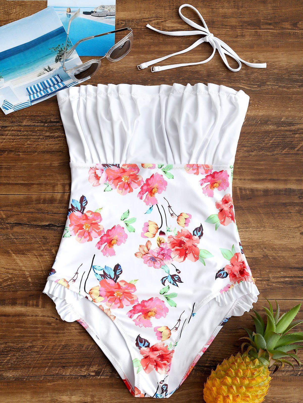 

Backless Ruched Floral One Piece Swimsuit, White