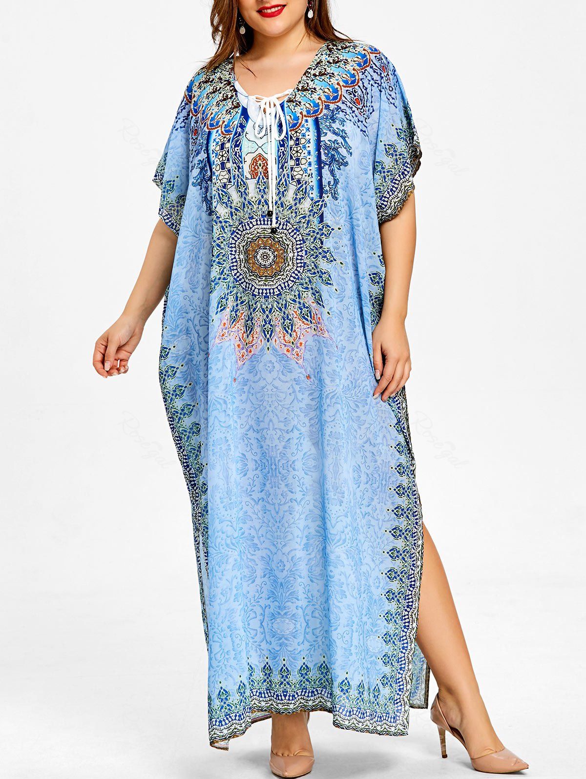 

Ethnic Print Lace Up Plus Size Kaftan Dress, Azure