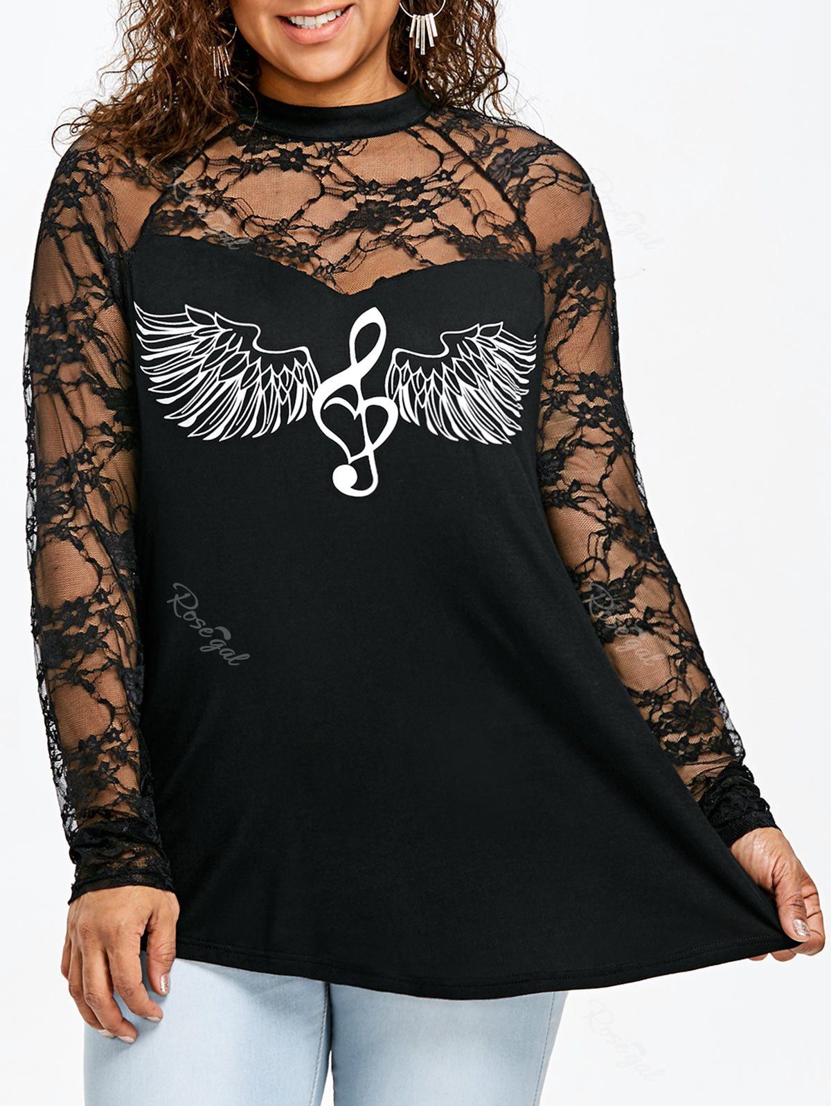 

Plus Size Wings Music Note Print Lace Panel Top, Black