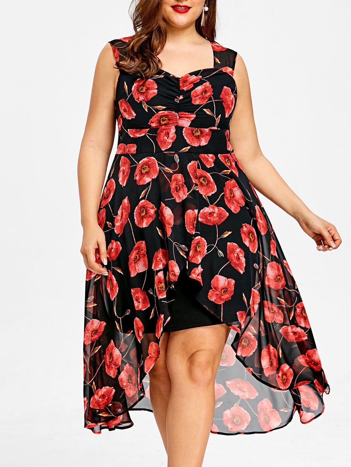 

Plus Size Sweetheart Neck Floral High Low Dress, Black
