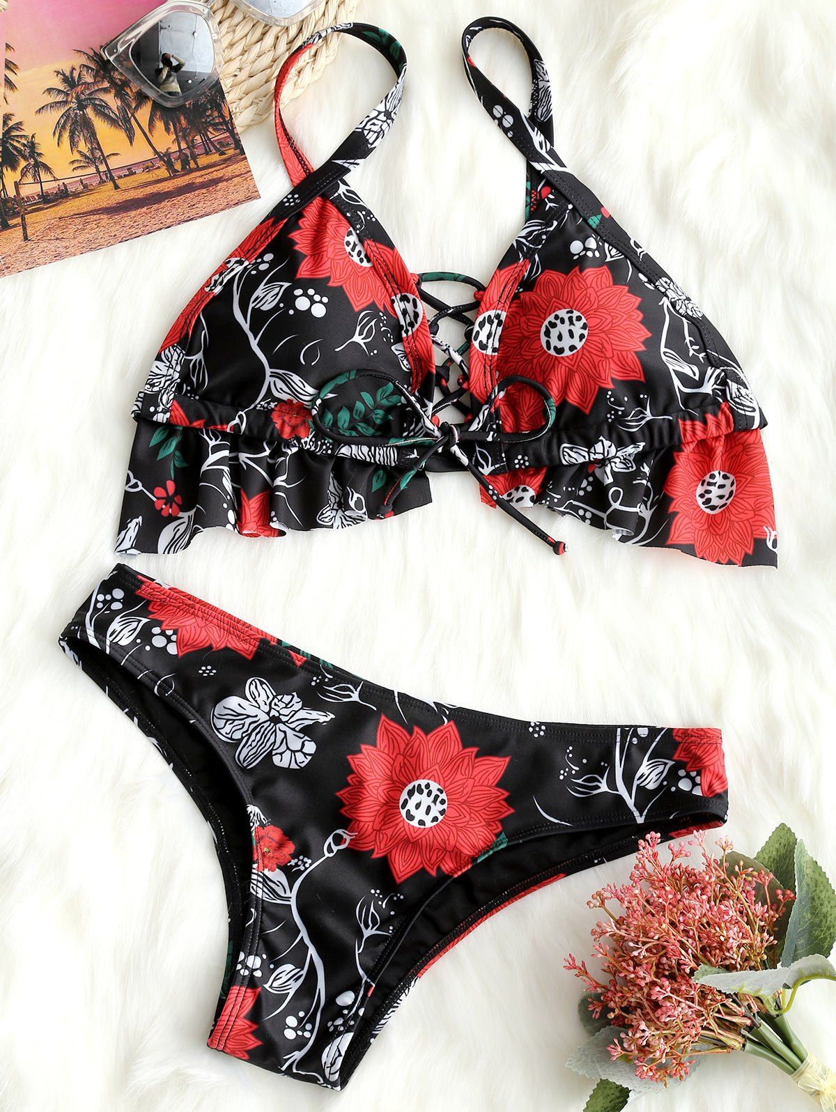 

Lace-up Floral Ruffle Trim Bikini, Colormix