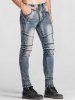 Zip Teeth Embellished Star Emboss Faded Jeans -  