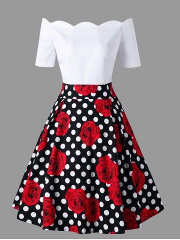 Outfit Polka Dot Roses Print Off Shoulder Vintage Dress  