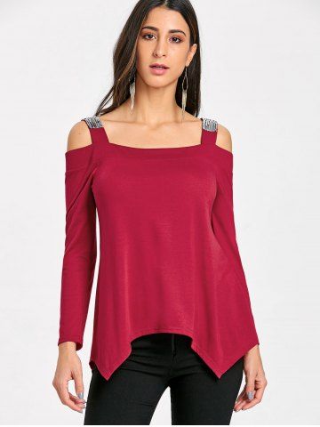 

Sequins Cold Shoulder Long Sleeve T-shirt, Red