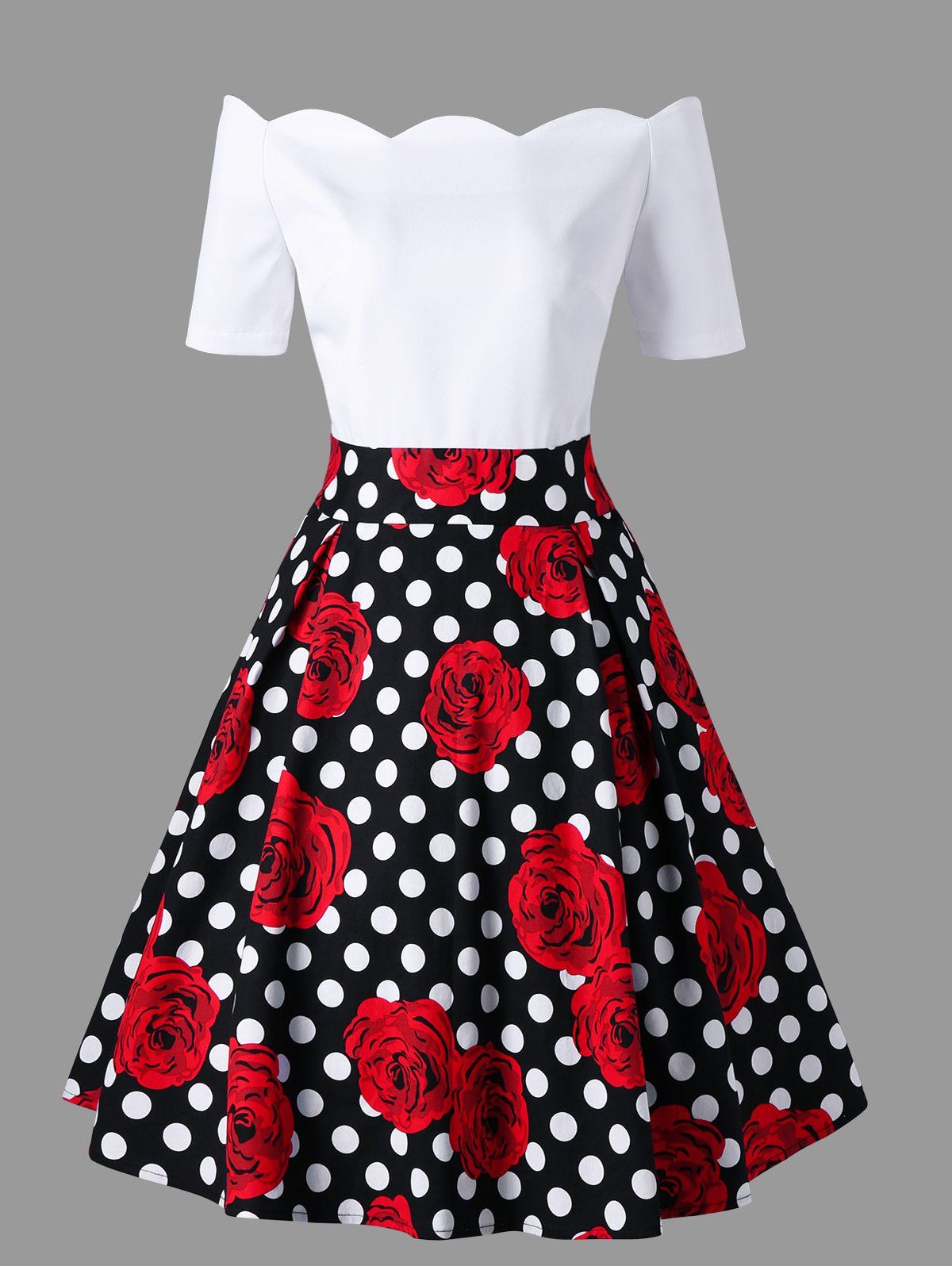 

Polka Dot Roses Print Off Shoulder Vintage Dress, Colormix