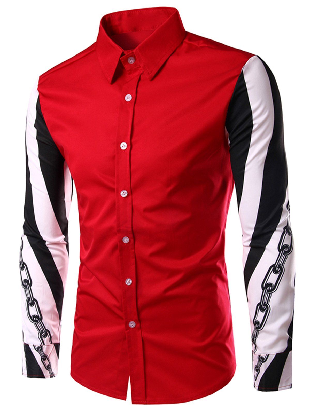 

Chain Print Long Sleeve Color Block Shirt, Red