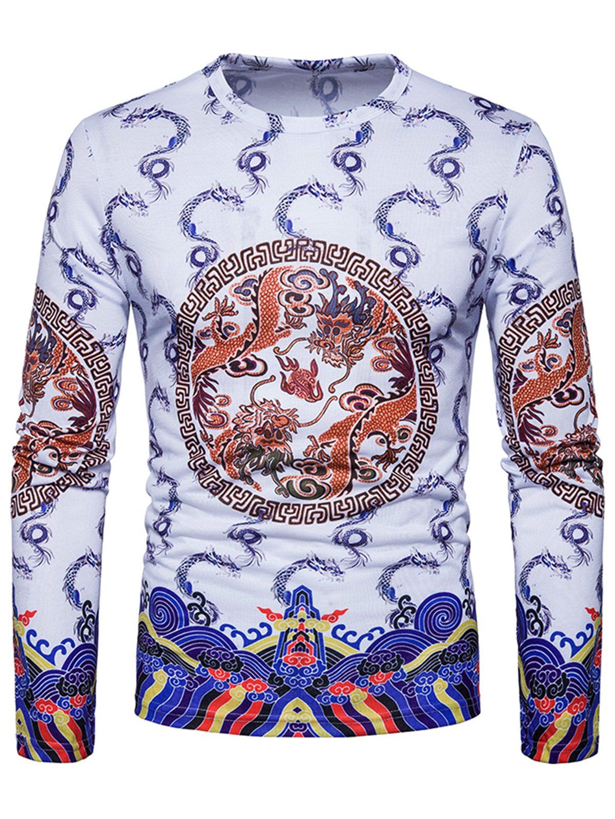 

Geometric Dragons Print Chinese Style T-shirt, White