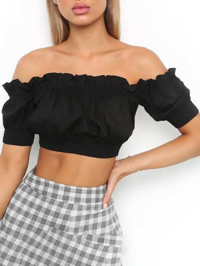 

Off The Shoulder Smocked Crop Top, Black