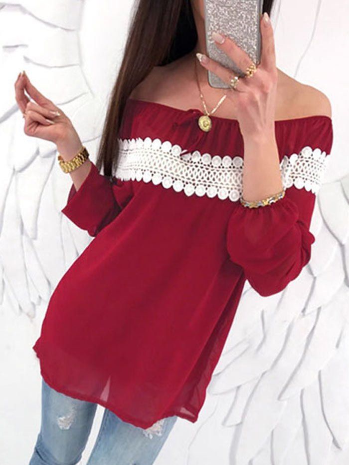 

Lace Panel Off The Shoulder Chiffon Blouse, Red