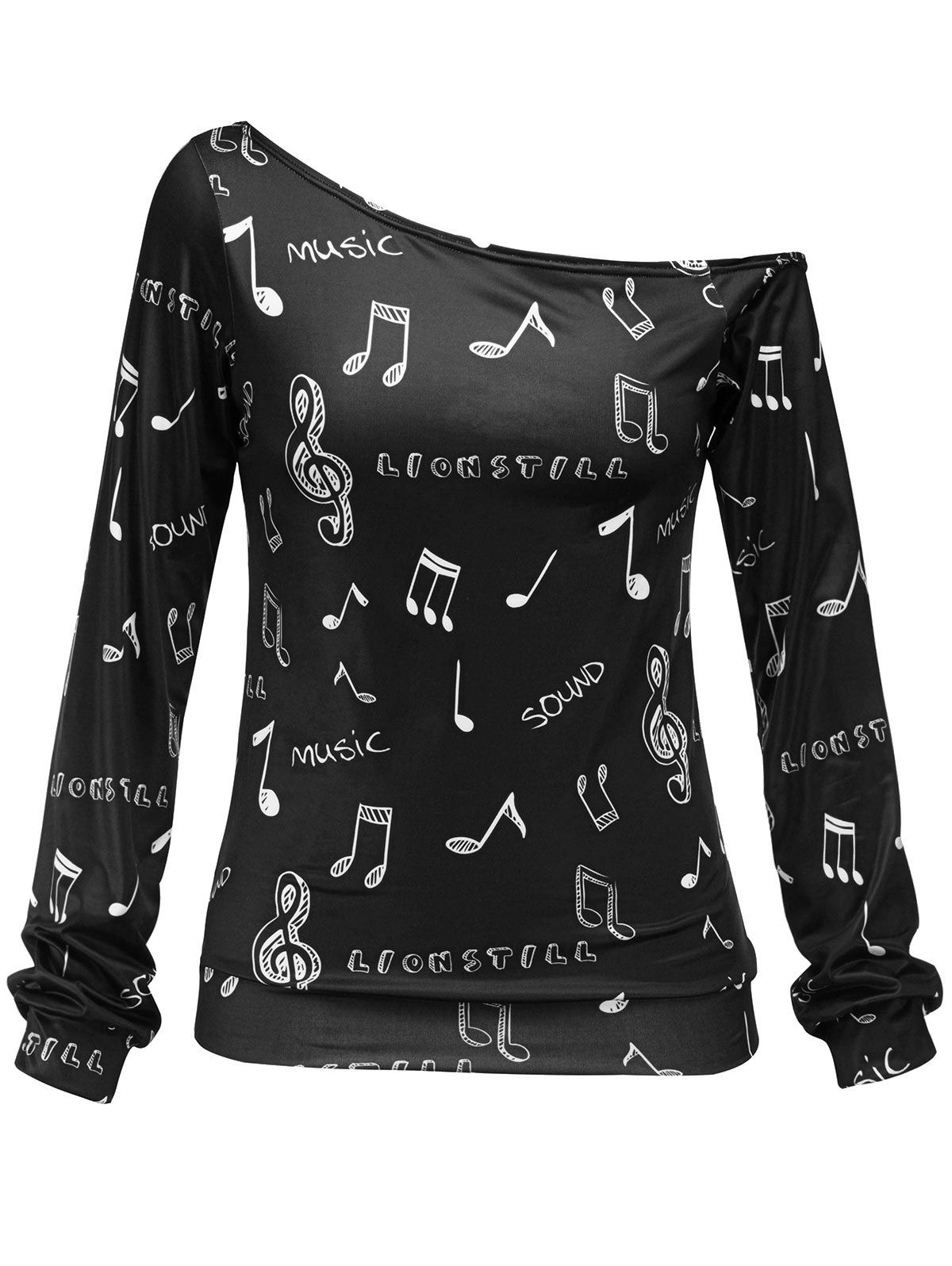 

Music Notes Print Skew Neck Sweatshirt, Black