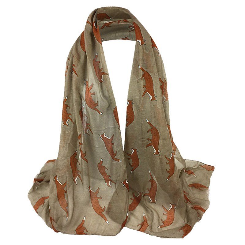 

Jumping Fox Pattern Embellished Silky Long Scarf, Khaki