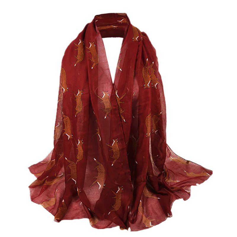 

Jumping Fox Pattern Embellished Silky Long Scarf, Wine red