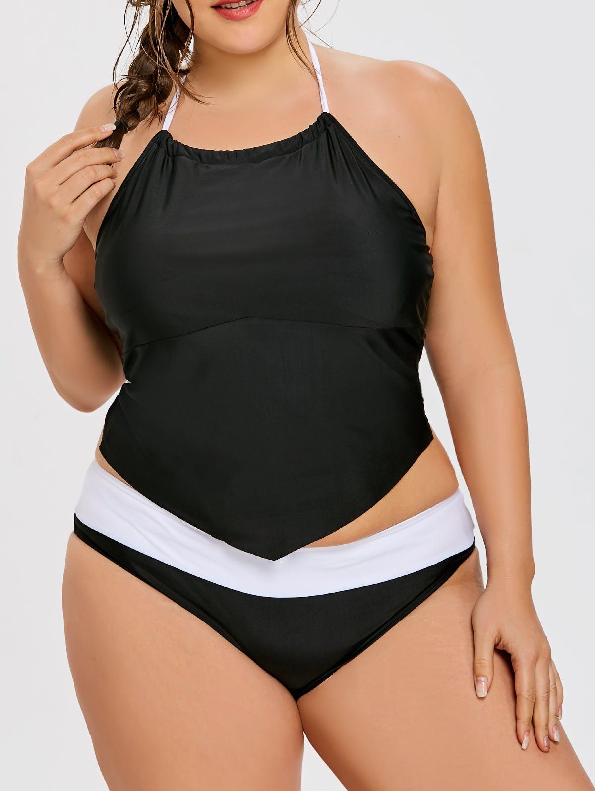 

Plus Size Halter Asymmetric Tankini Top and Briefs Set, Black