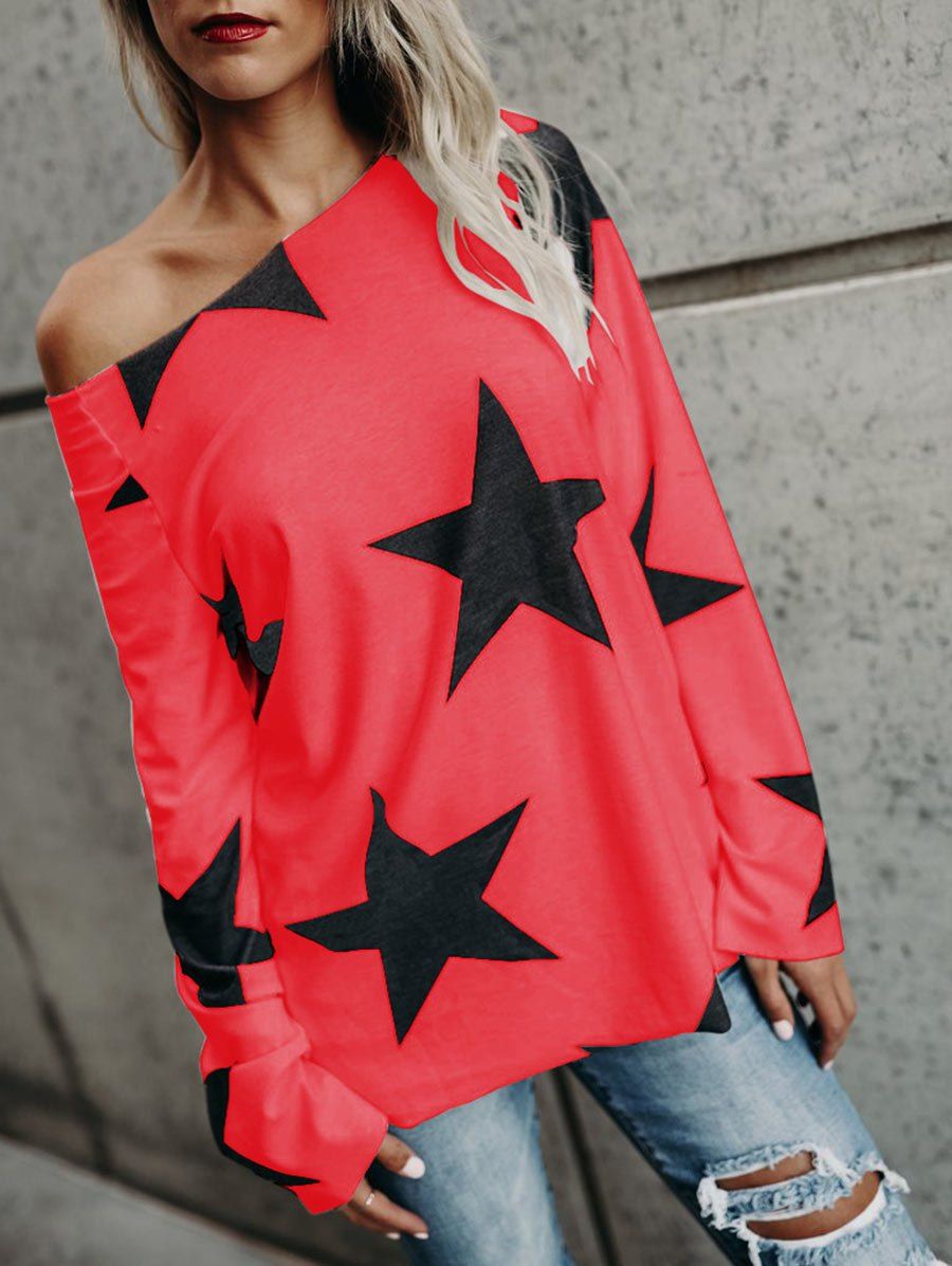 

Star Print Skew Neck Long Sleeve Top, Red