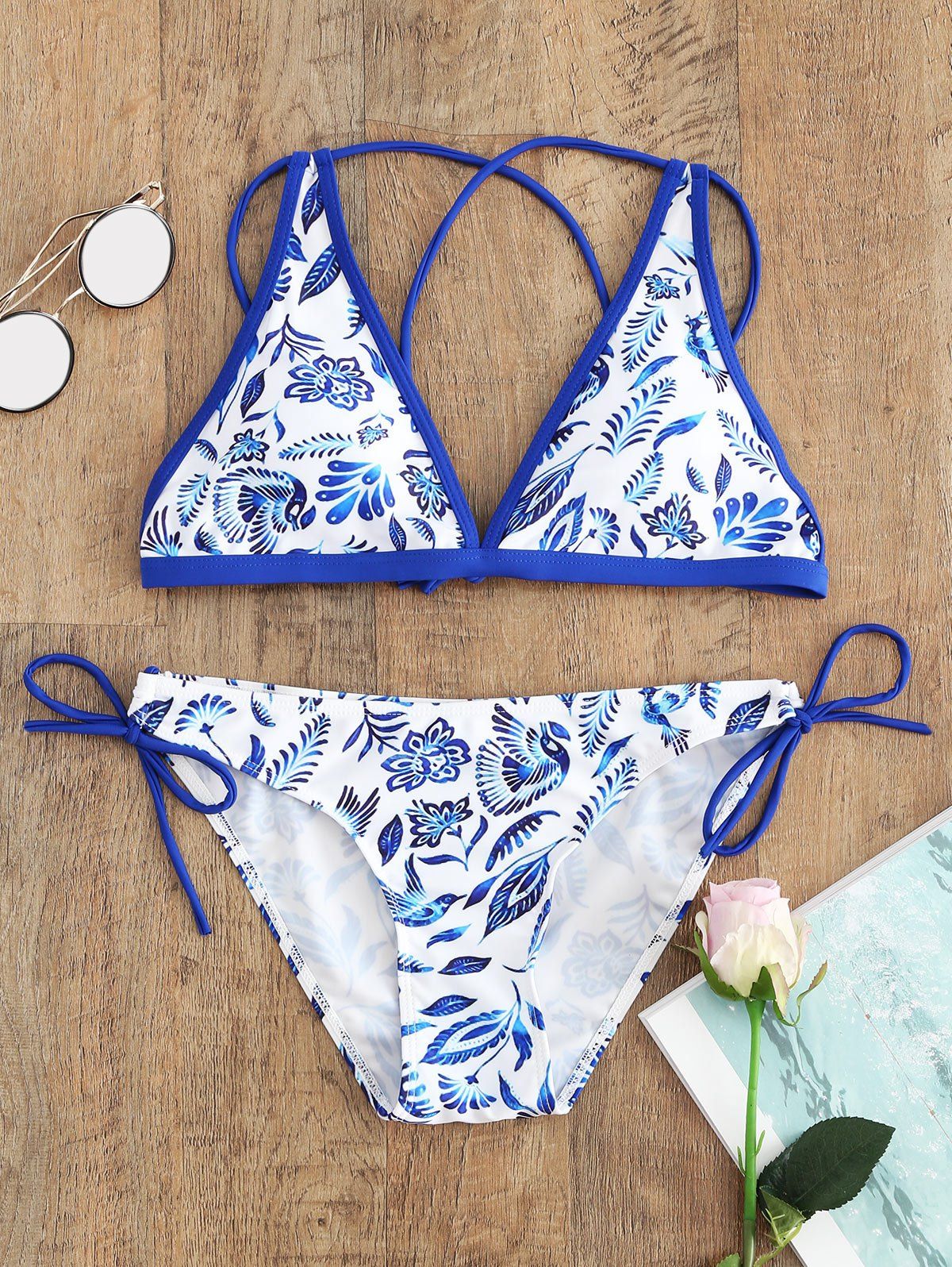 

Cross Back Floral Low Waisted Bikini Set, Blue
