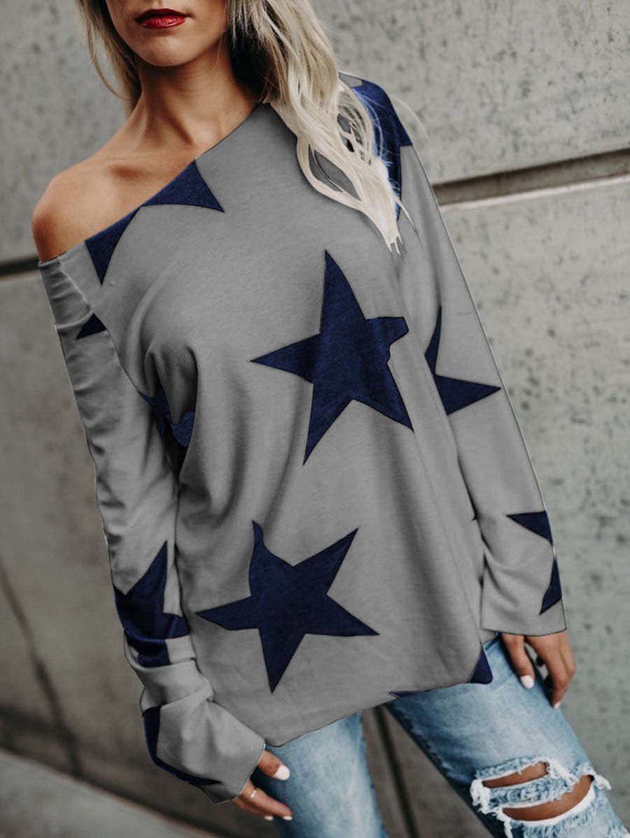 

Star Print Skew Neck Long Sleeve Top, Gray