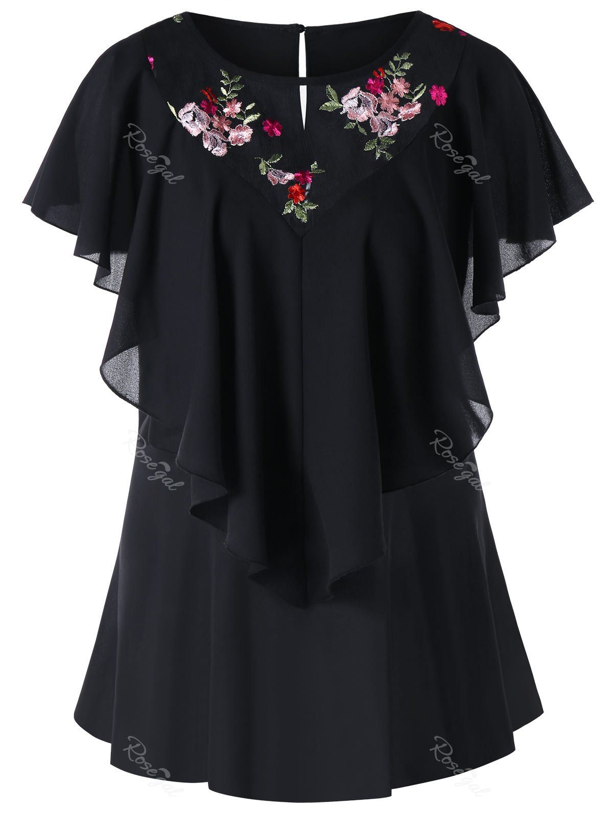 

Plus Size Embroidered Mesh Panel Flounce Blouse, Black