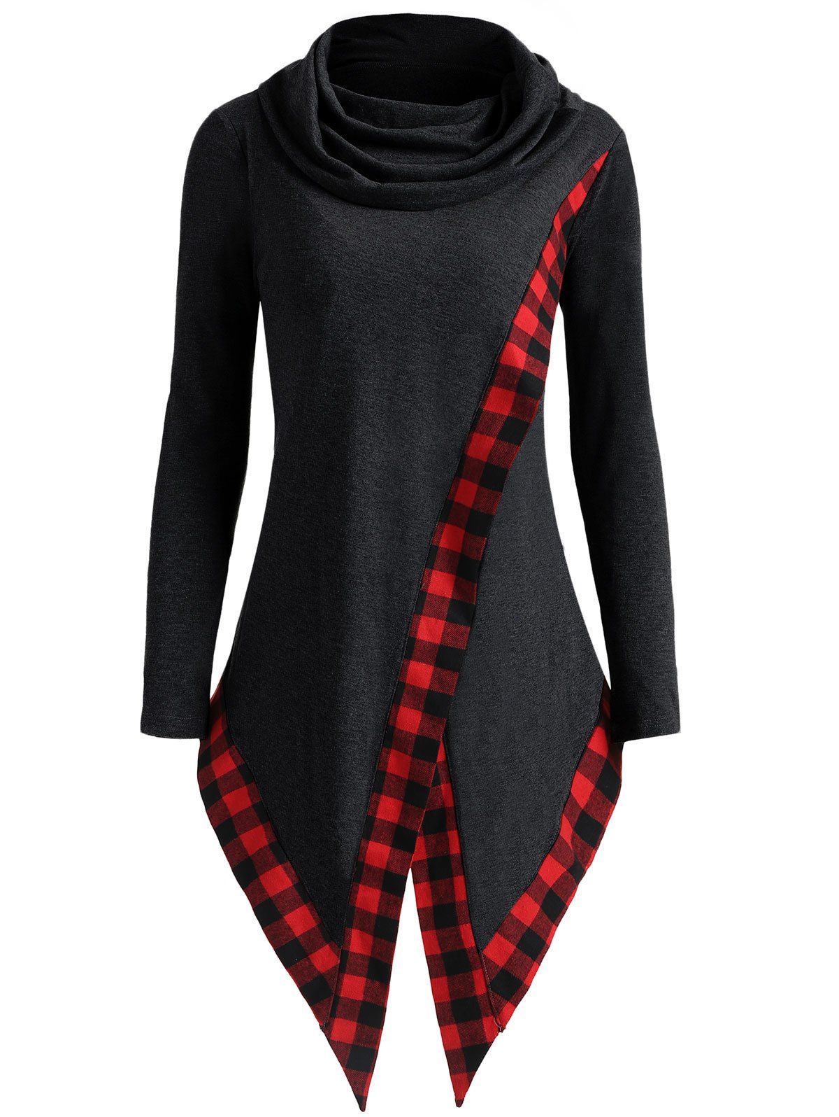 

Heap Collar Plaid Panel Asymmetric Overlap Top, Black