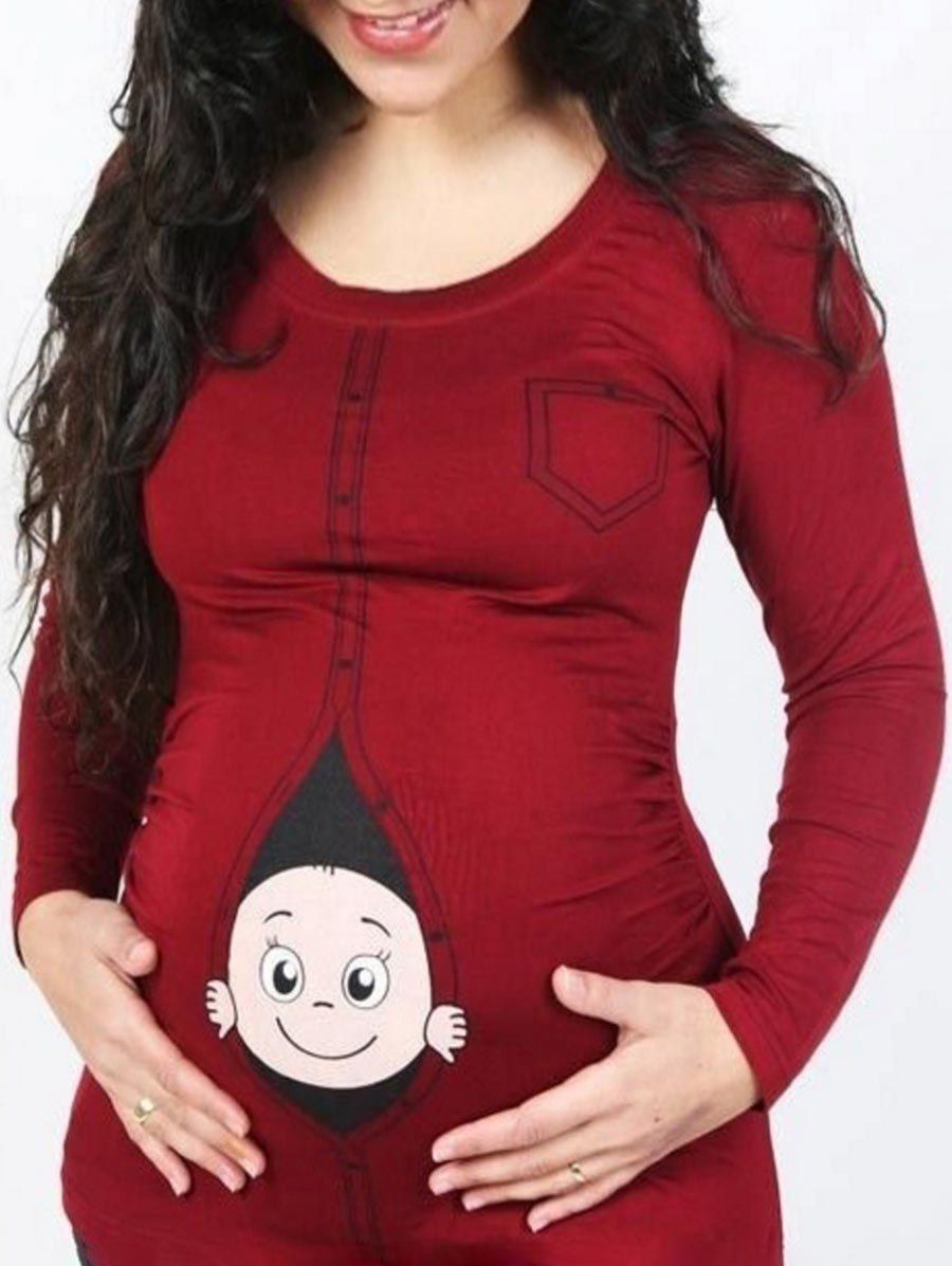 

Long Sleeve Baby Peeking Out Print Top, Wine red