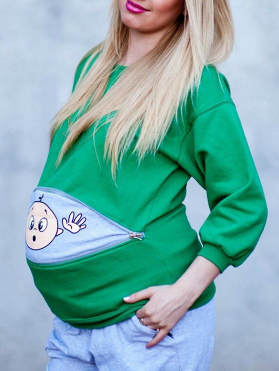 

Zipped Baby Peeking Print Maternity Sweatshirt, Green