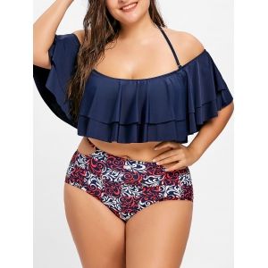 

Tier Flounce Print Plus Size Halter Bikini, Multi a