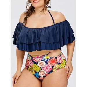 

Tier Flounce Print Plus Size Halter Bikini, Multi b