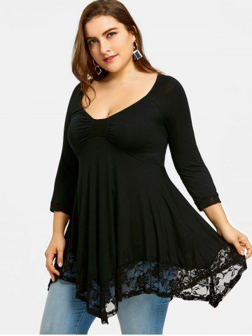 

Plus Size Empire Waist Lace Trim Handkerchief T-shirt, Black
