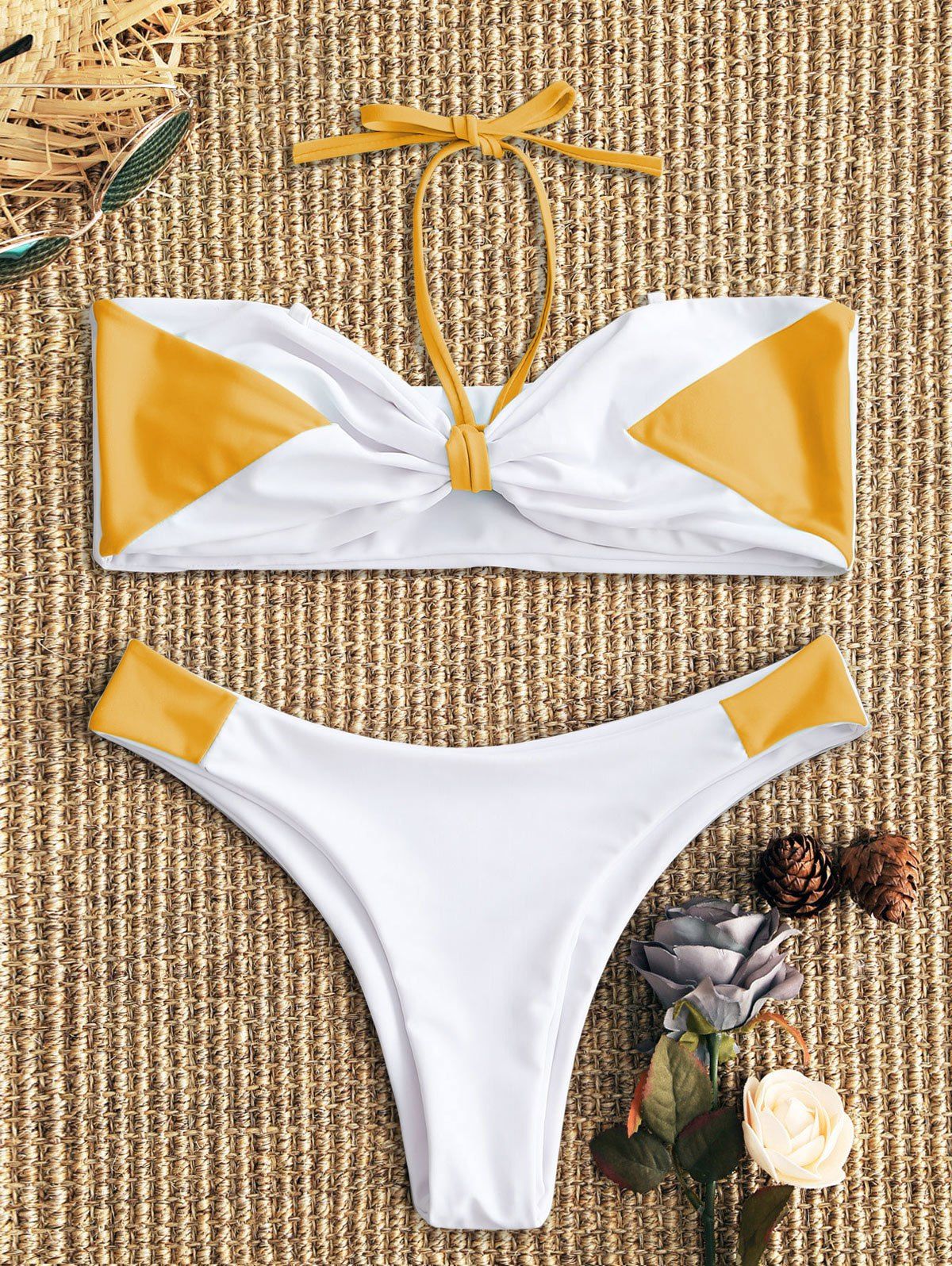 

Two Tone Padded Bandeau Bikini Set, White and yellow