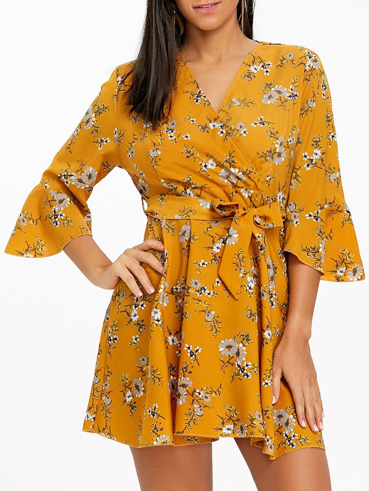 [40 OFF] Bell Sleeve Floral Chiffon Mini Dress Rosegal