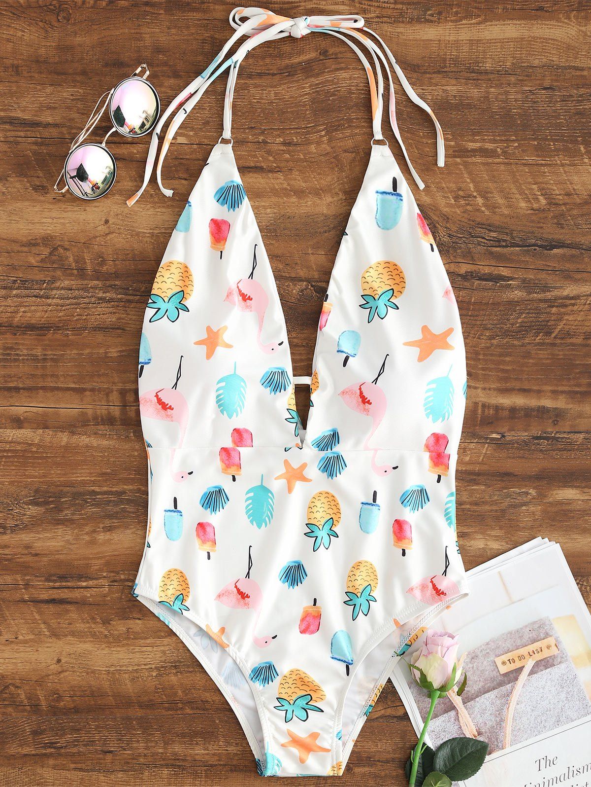 

Flamingo Fruit Print Plunge One Piece Swimsuit, White