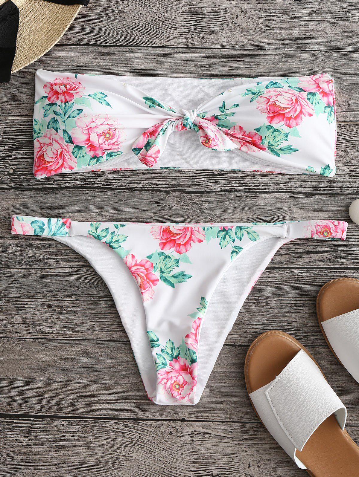 

Floral Print Allover Bandeau Bikini, White