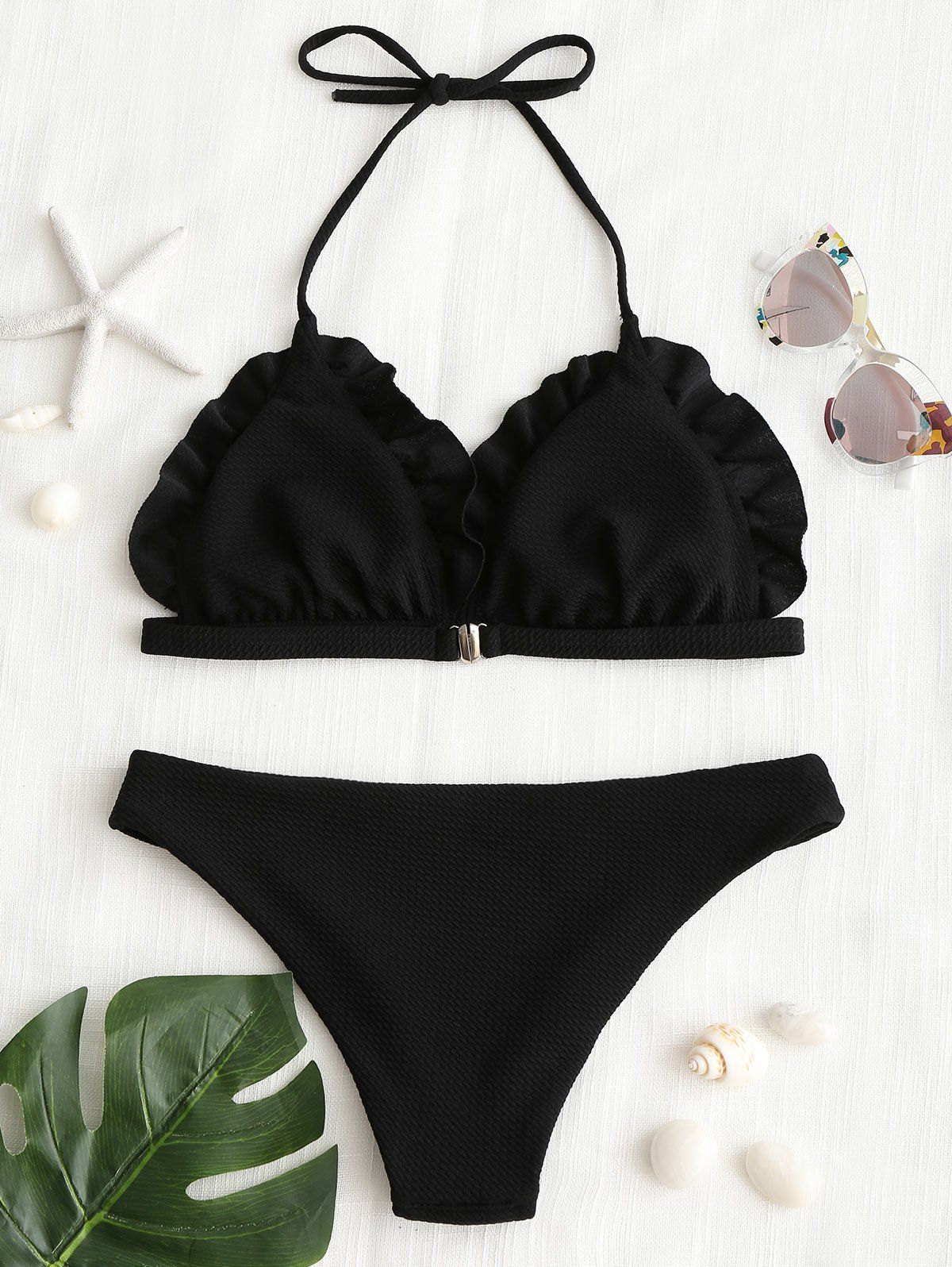 

Ruffles Halter Skimpy Bikini, Black