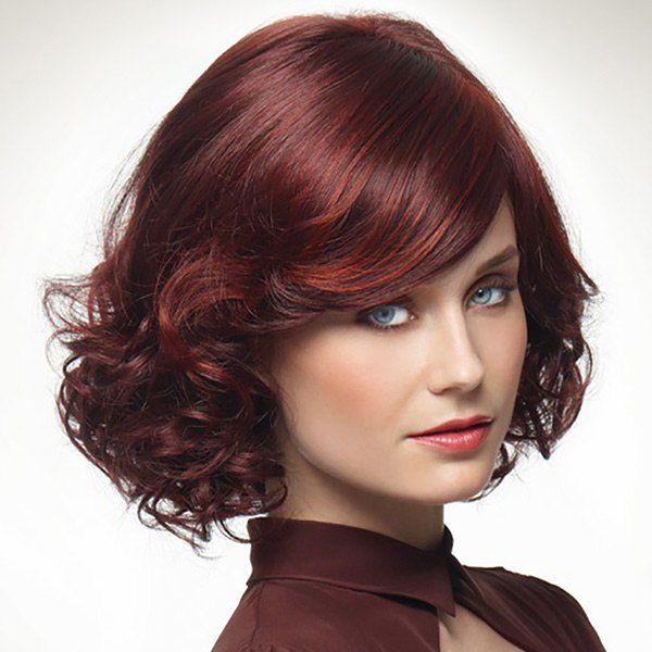 

Short Oblique Bang Colormix Fluffy Curly Synthetic Wig, Bordeaux