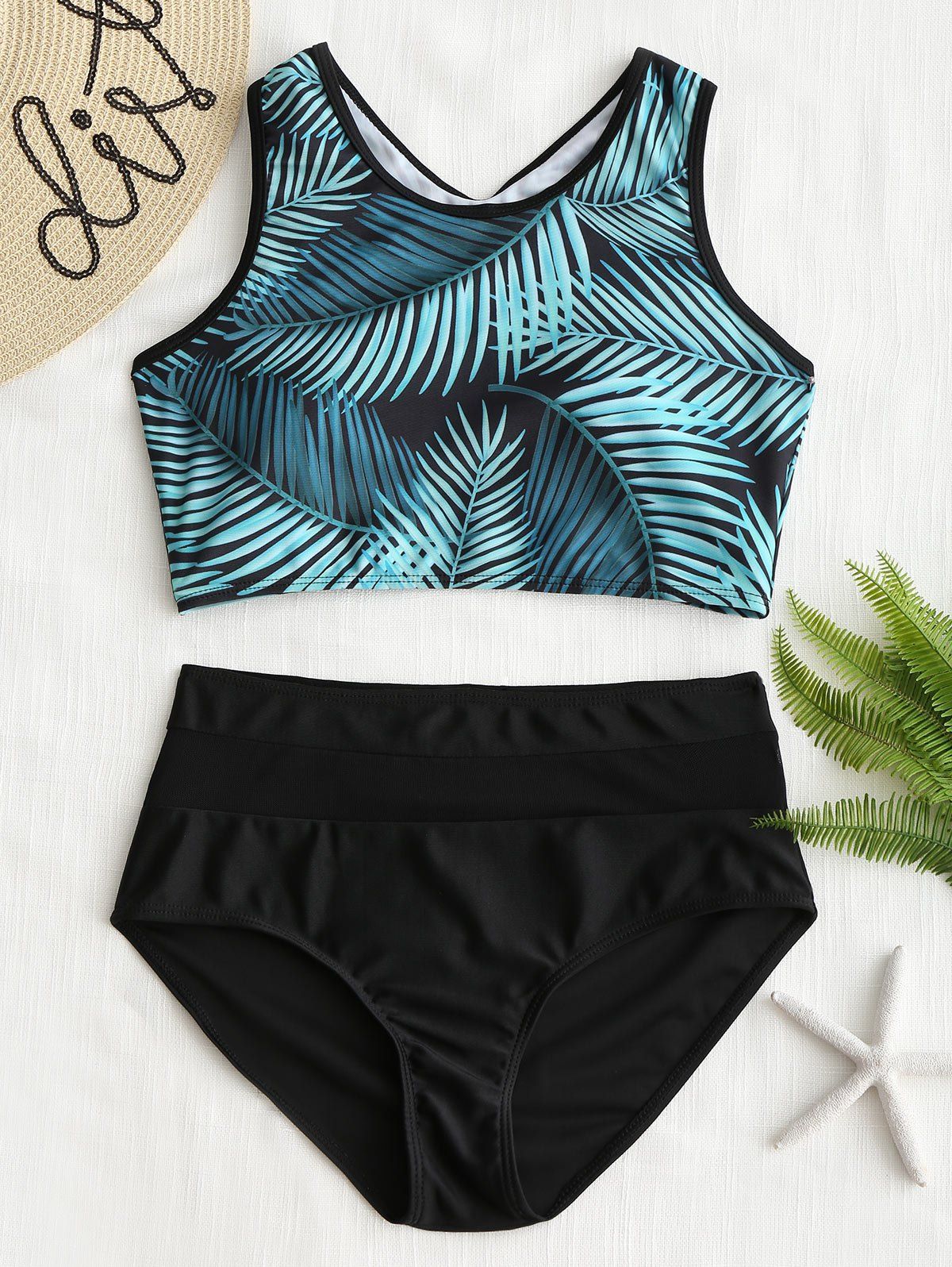Bikini à Imprimé Feuille de Palmier à Dos Nageur  