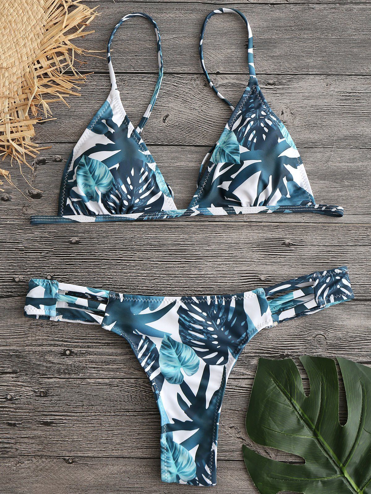 Online Tropical Leaf Print Spaghetti Strap String Bikini  