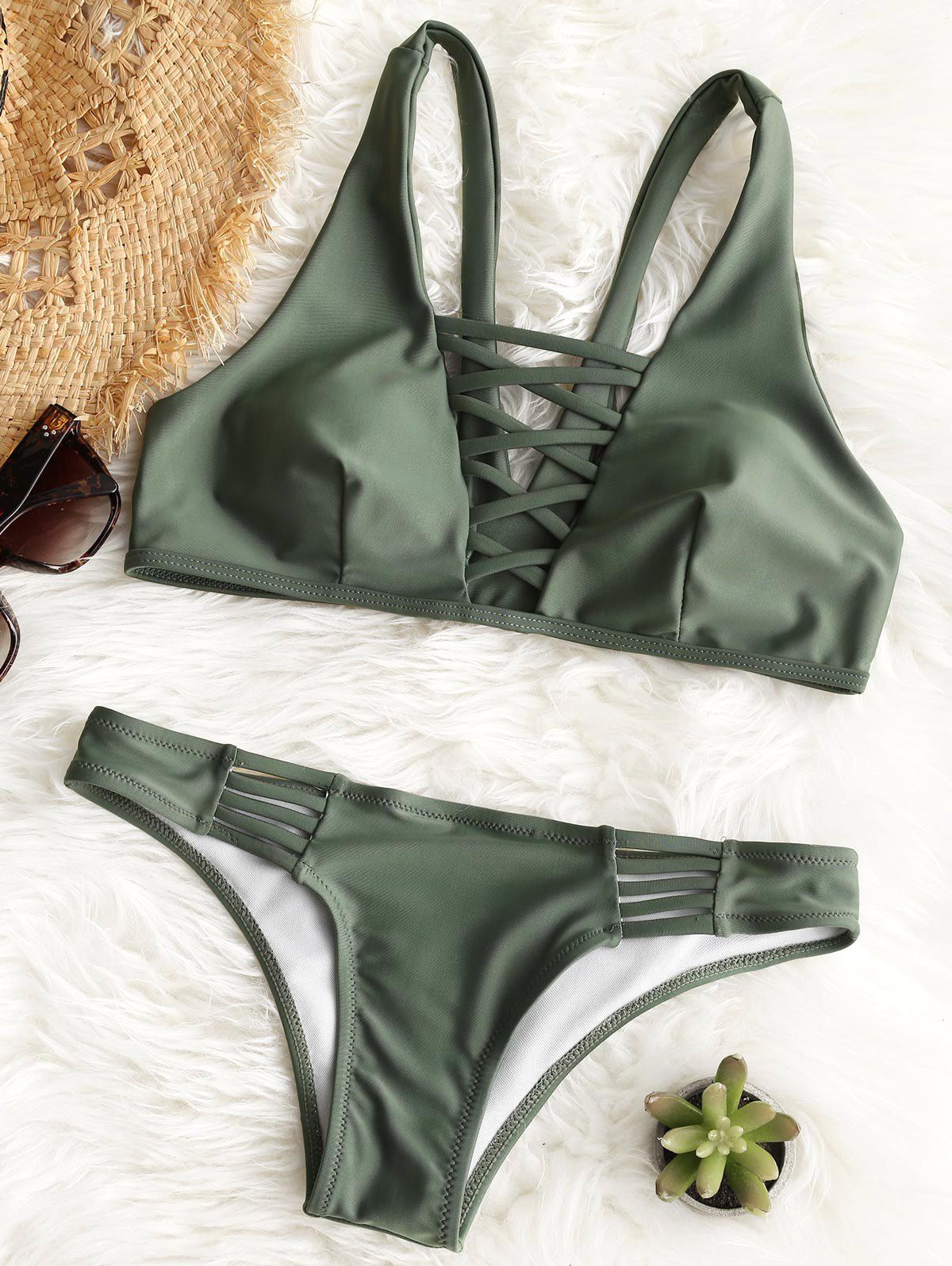 

Lattice Front Padded Bathing Suit, Army green