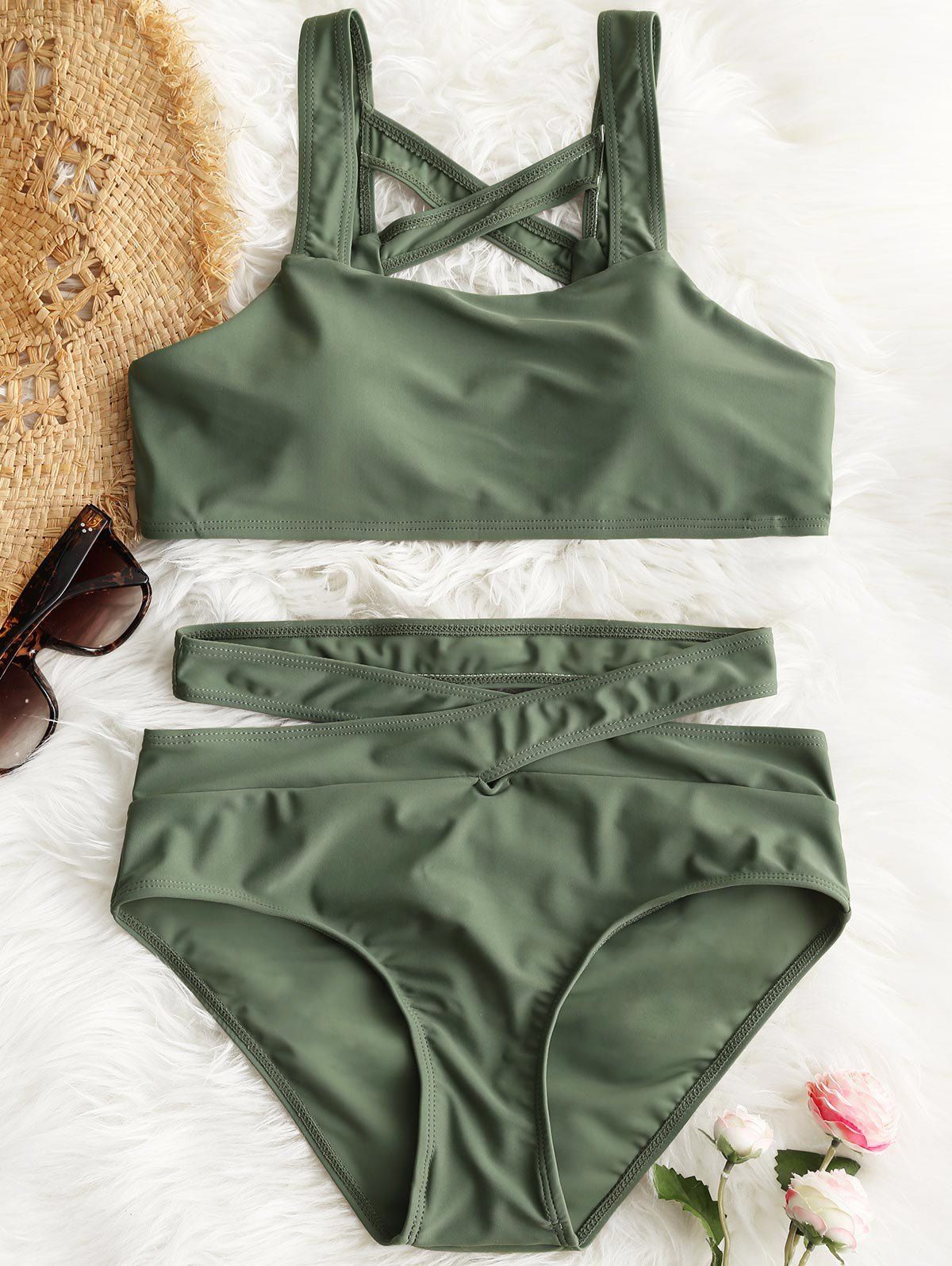 

Lattice Back Bandage Bikini Set, Army green