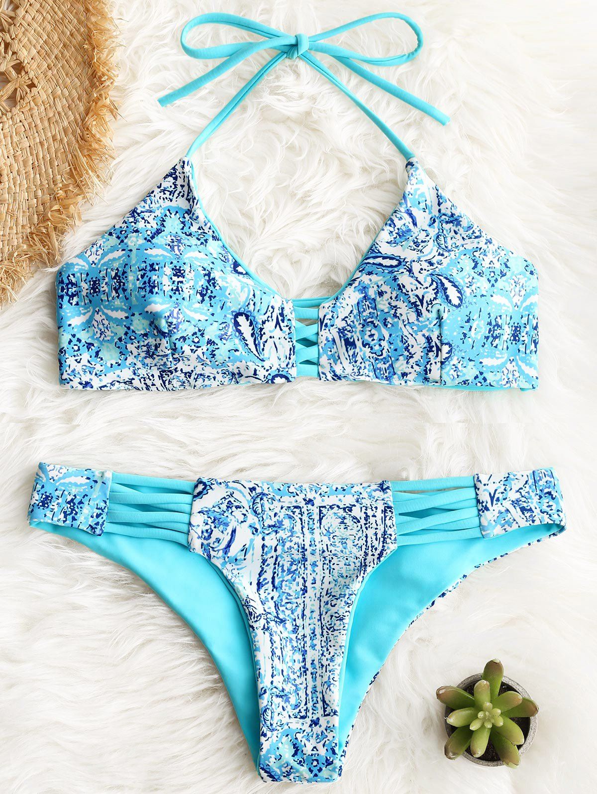 

Printed Halter Crisscross Bikini Set, Pinkish blue