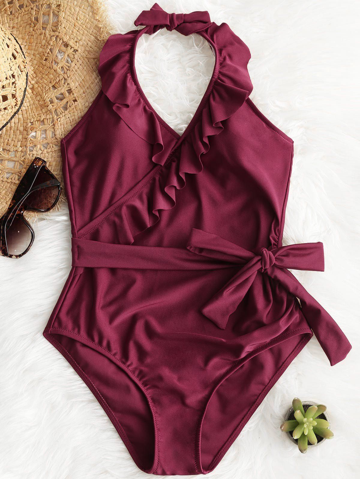 

Self Tie Ruffles One Piece Swimwear, Deep red