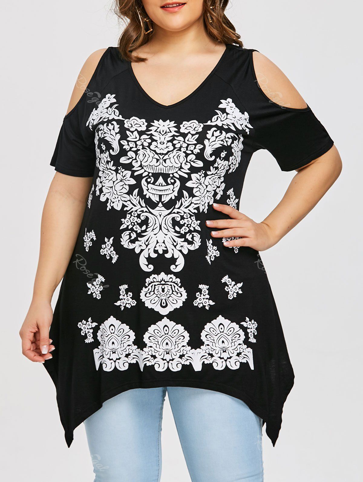 

Abra Print Plus Size Crescent Hem T-shirt, Black