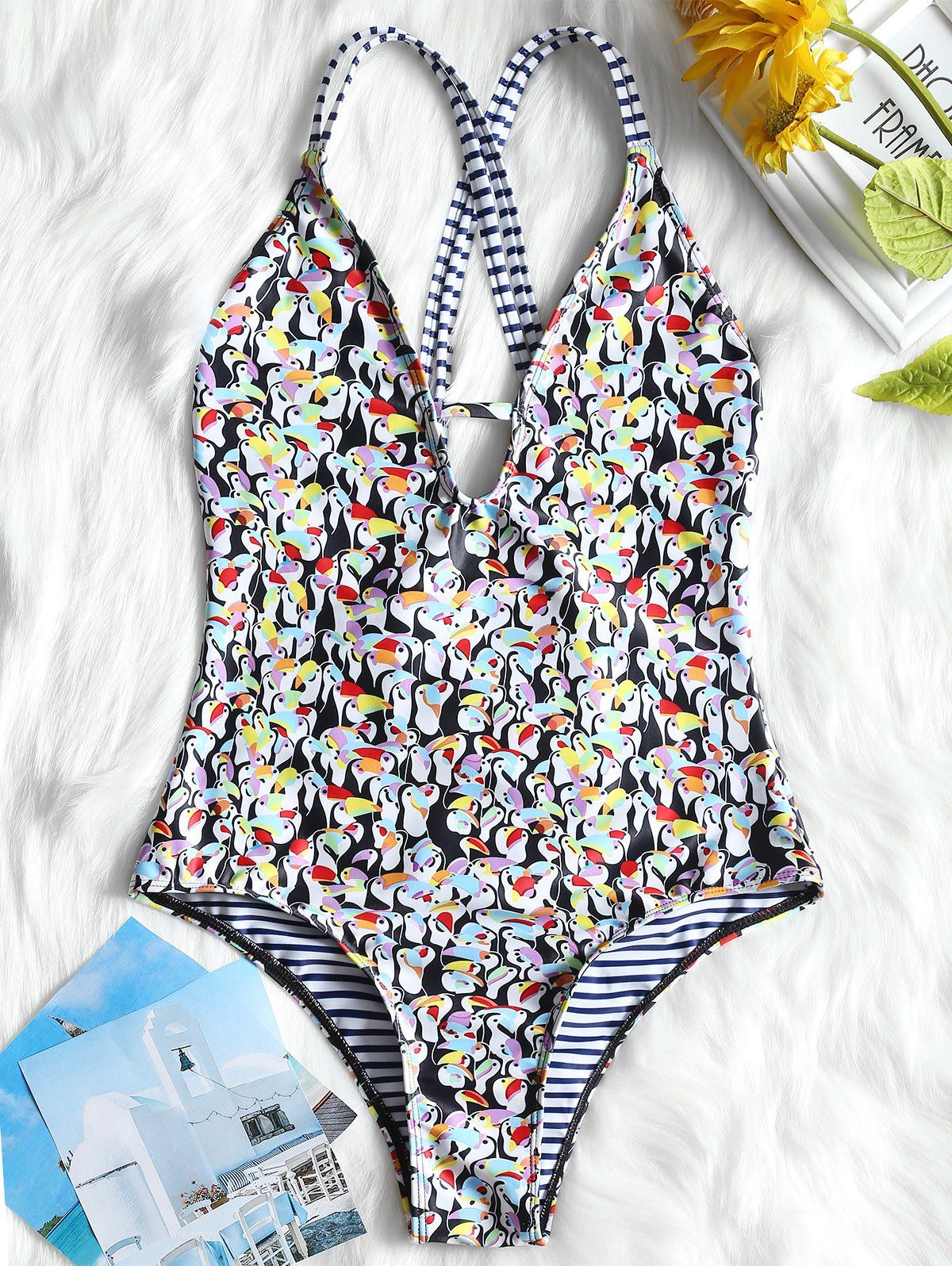 [72 OFF] Penguin Strappy Low Cut Onepiece Swimsuit Rosegal