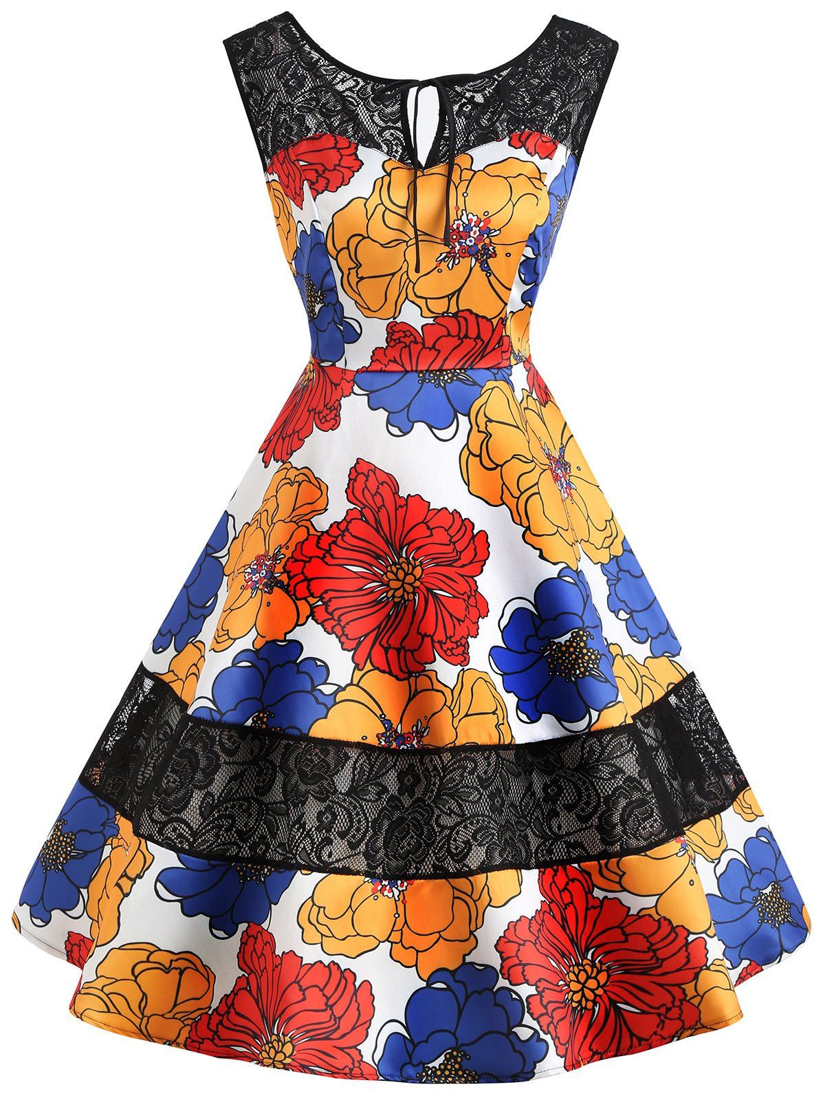 

Lace Insert Floral Print Keyhole Vintage Dress, Orange