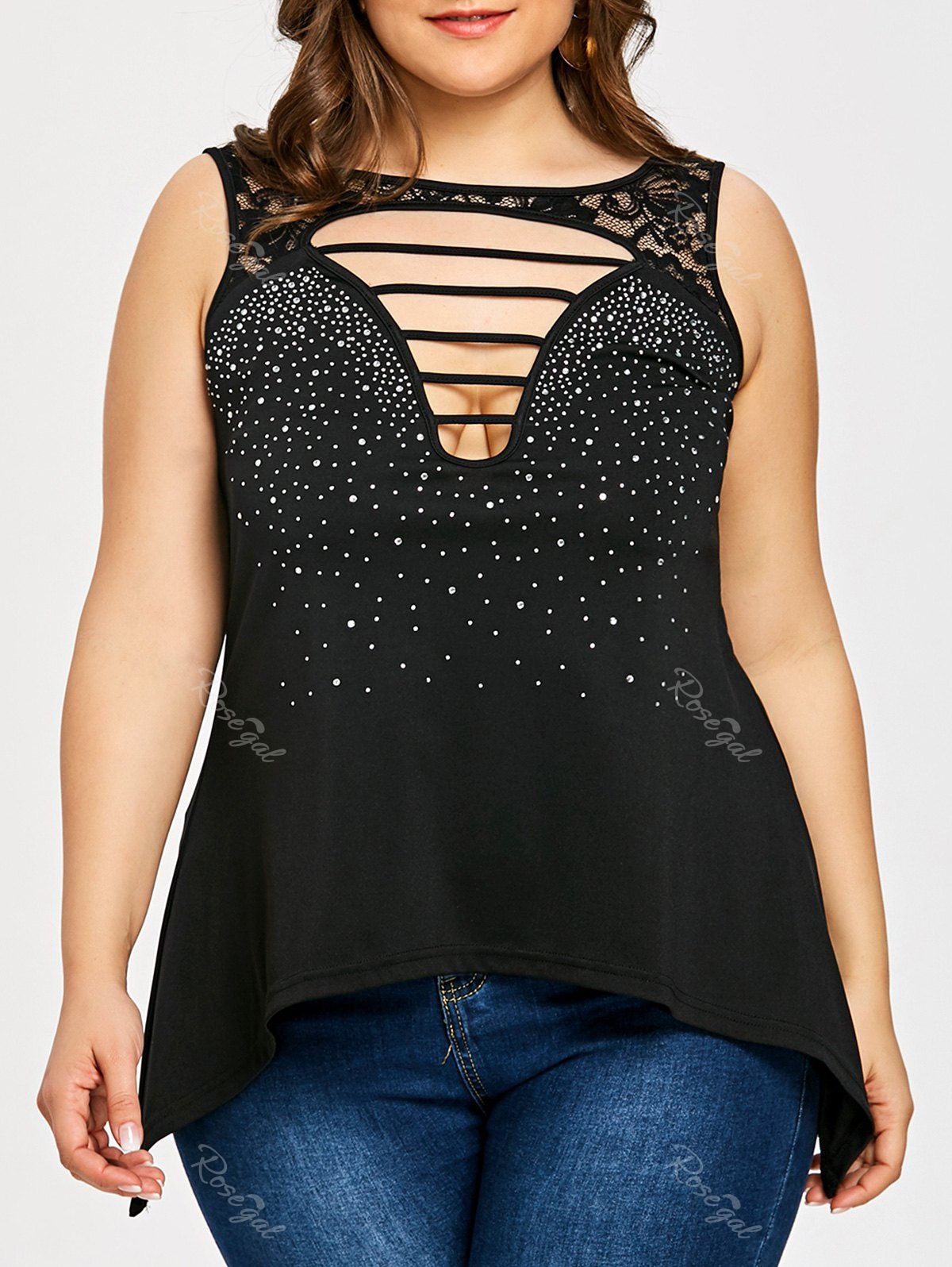 

Plus Size Ladder Cut Embellished Sleeveless T-shirt, Black