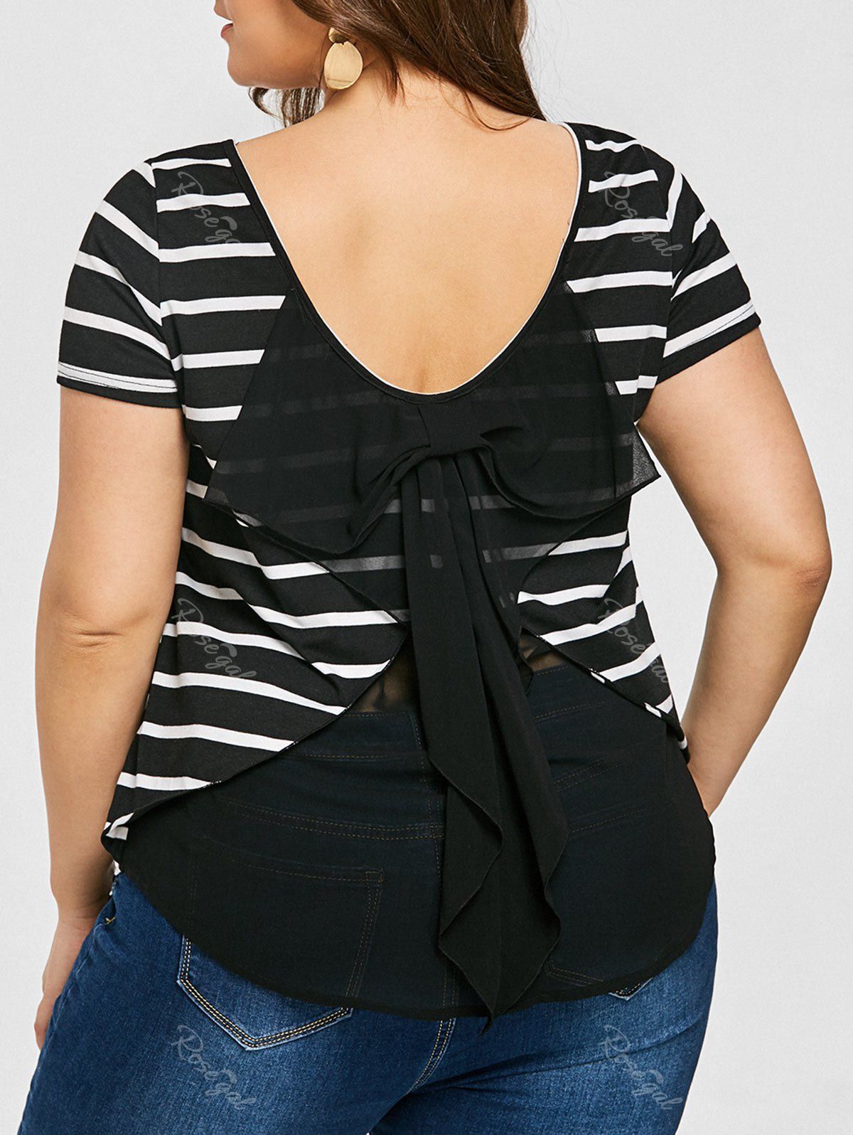 

Plus Size Striped Back Bowknot Top, Black white