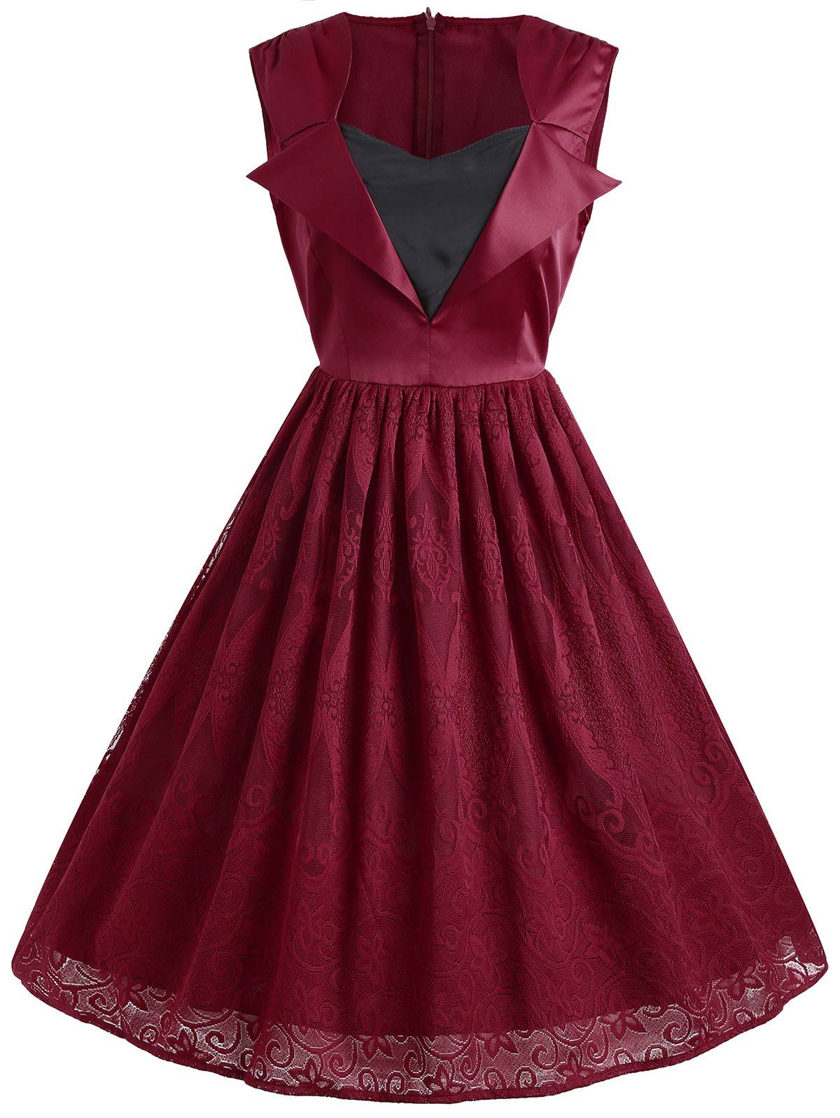 

Vintage Floral Lace Panel Overlay Sleeveless Dress, Wine red
