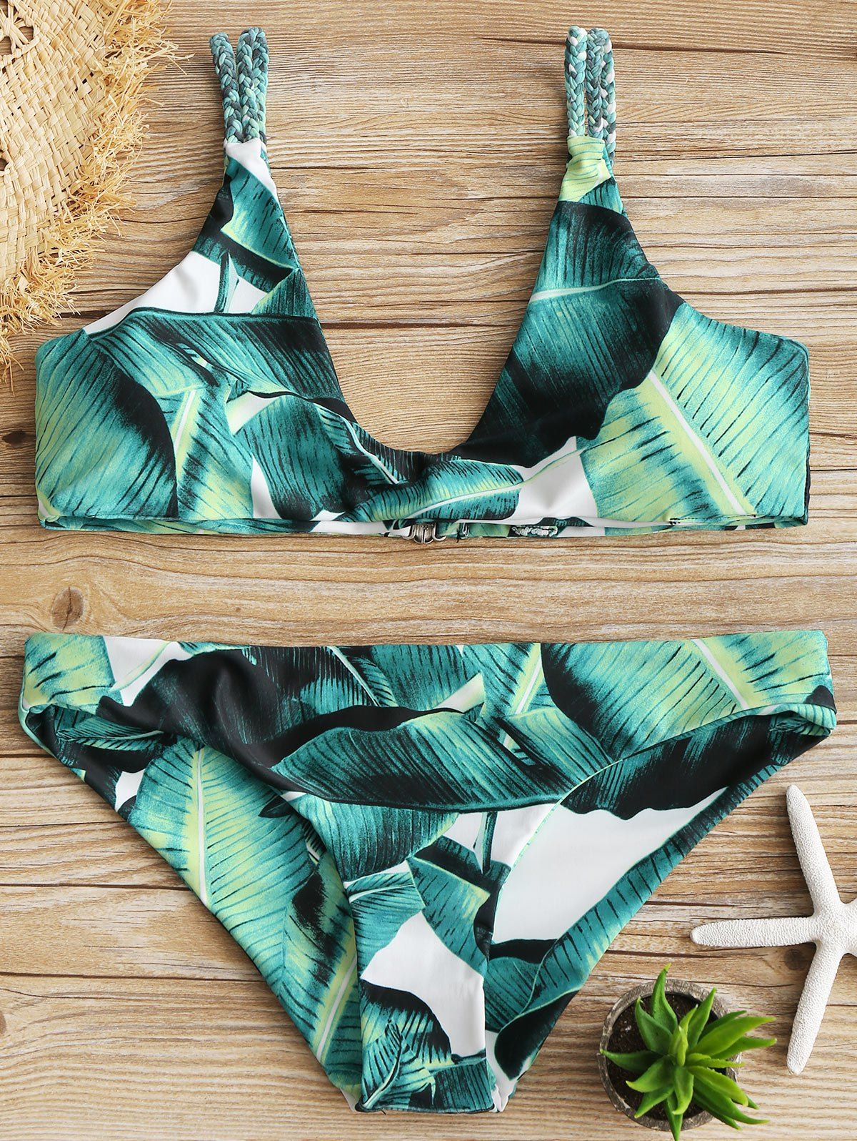 

Leaf Print Plaited Cami Bikini Set, Green